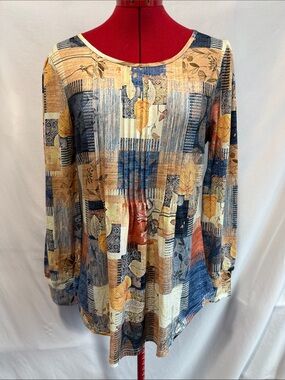 Abstract Leaf-Print Long Sleeve Tunic Top — Blue & Tan